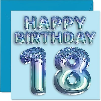 Image of 18th Birthday Card for Men Blue Glitter Party Balloon Happy Cards 18 Year Old Man Brother Son Nephew Uncle, 145mm x Eighteen Eighteenth Bday Greeting Gift