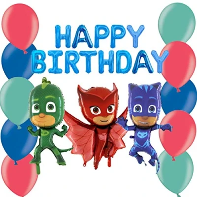 Image of Toyland PJ Masks Balloon Pack Contains 16&quot; Blue Happy Birthday Banner, 36&quot; Owlette Foil Balloon, Catboy &amp; Gekko 30 12&quot; Latex in Red, Green