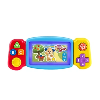 Image of Fisher Price Laugh &amp; Learn Pretend Video Game Toddler Toy with Lights Sounds and Educational Songs, UK English Version, Twist Gamer, HNM83