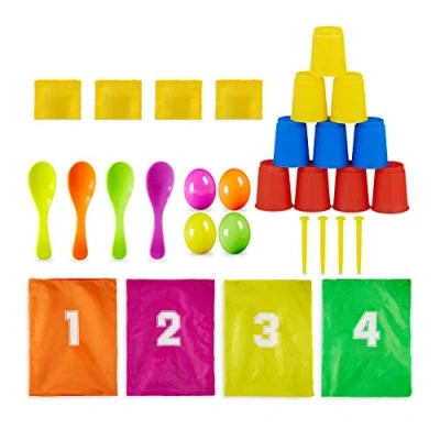 Image of Relaxdays 10028884 Children&#039;s Party, 3 in 1 Set, Garden Games for Birthday, Sackjumping, Egg Runners, Can Throwing, Colourful, Multicoloured