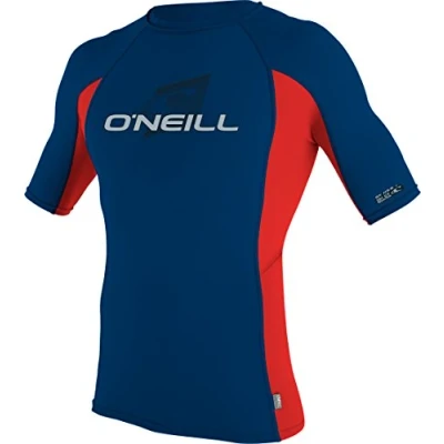 Image of O&#039;Neill Boy&#039;s Skins Short Sleeve Crew Rash Guard Nylon Elastane T Shirt Deep Sea/Red/Deep Sea, Size 4