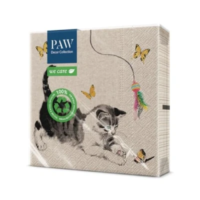 Image of PAW Recycled Napkins 3 Ply (33 x 33 cm) I Pack of 20 Perfect for Birthdays, Parties, Weddings, Communion, Celebrations Environmentally Aware Paper Playing Cat