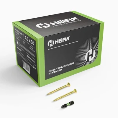 Image of Heifix Multi Purpose Wood Screws Box Pozi Double Countersunk (QTY 200, 4mm x 30mm) FREE Screw Bit Included