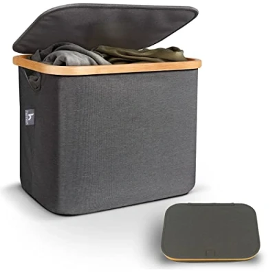 Image of Hennez 40L Storage Basket with Lid For IKEA Kallax Lidded Fabric Box Collapsible Laundry Baskets Handles Bamboo Canvas Grey Small Shelf