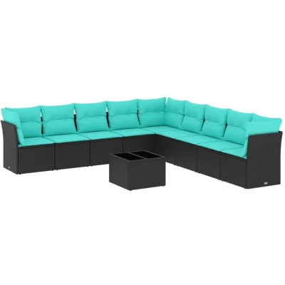 Image of vidaXL 10 Piece Garden Sofa Set with Cushions Black Poly Rattan