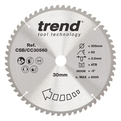 Image of Trend Wood Mitre Saw Blade, 305mm Diameter, 30mm Bore, 60 Teeth, TCT, 2.5mm Kerf, 5 Hook, CSB/CC30560
