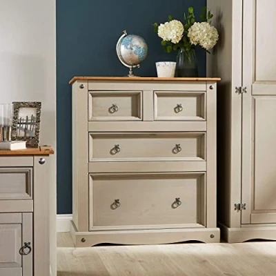 Image of Home Source Corona Chest 2 Solid Pine Industrial Style Storage Cabinet, Grey, 4 Drawers, Wood