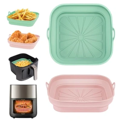 Image of Alyvisun Silicone Air Fryer Liners 2PCS Reusable Airfryer Tray Foldable Kitchen Accessories Basket Versatile Square Baking Rack Pot for Microwave, Oven, Pink+Green