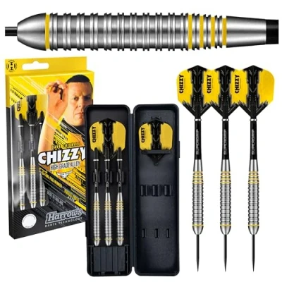 Image of Harrows Dave Chisnall Chizzy 80% Tungsten Steel Tip Darts Set 21g, 22g, 23g &amp; 24g Includes Black Midi Supergrip Shafts, Prime Flights Travel Case (23.0, Grams)