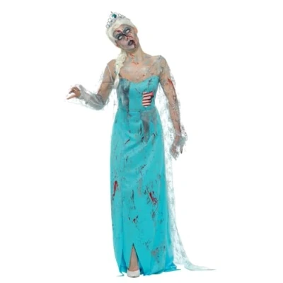 Image of Smiffys Zombie Froze to Death Costume, Blue with Dress, Attached Latex Ribs &amp; Tiara, Halloween Alley Fancy Princess Dress Up Costumes