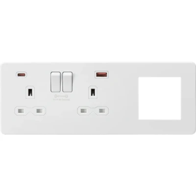 Image of KnightsBridge Screwless 13A 2G DP Socket with USB Fastcharge + Modular Combination Plate, Matt White