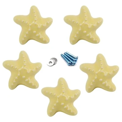 Image of Flomore Yellow Drawer Knob Ceramic Cabinet Knobs Kids Room Handle Pull Starfish Shape For Dresser Drawers (Pack of 5 Screws Included)