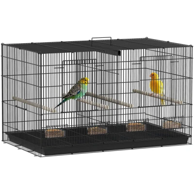 Image of PawHut Bird Cage with Divider, Parrot 4 Wooden Perches, Slide Out Tray, Feeders, for Budgie, Lovebird, Canary, Finches, 76 x 46 46cm, Black