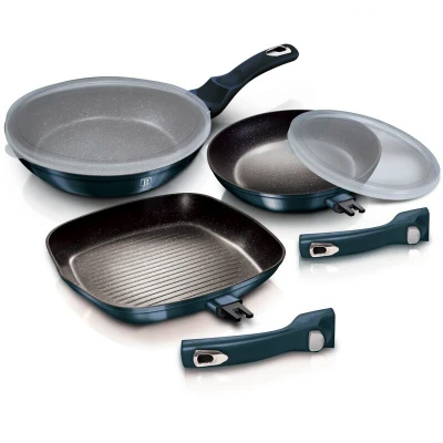 Image of Berlinger Haus 5Pc Non Stick Aluminum Frying Pan Set With Grill Induction Detachable Handles (Aquamarine)