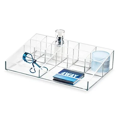 Image of iDesign 13 Compartment Organiser from the Signature Series by Sarah Tanno, PET Cosmetics Storage Unit, Makeup Brush Holder, Clear/Matte White, 30.5 x 20.3 7.5 cm