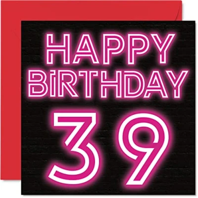 Image of Fun 39th Birthday Cards for Men Woman Neon Glow Happy Card Dad Mum Son Daughter Brother Sister Uncle Auntie Cousin, 145mm x Greeting Cards,