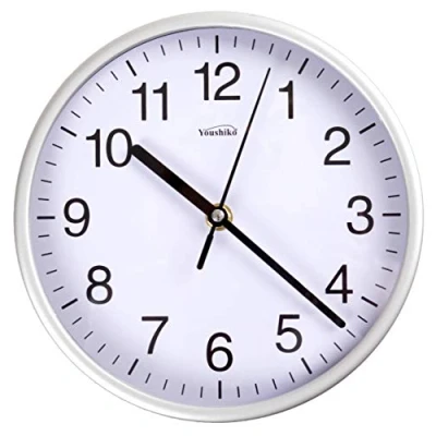 Image of Youshiko Stylish Silver &amp; White Bold Classic Quartz Wall Clock Non Ticking Silent (20cm / 8 Inch Diameter), Home/Kitchen/Office/School Clock, Easy to Read