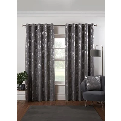 Image of Osaka Japanese Eyelet Curtains 90 x Silver Lined Metallic Velvet Trees