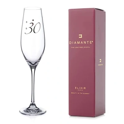Image of DIAMANTE Swarovski 30th Birthday Champagne Flute Single Crystal Glass with Platinum 30 Embossed and Crystals Gift Boxed