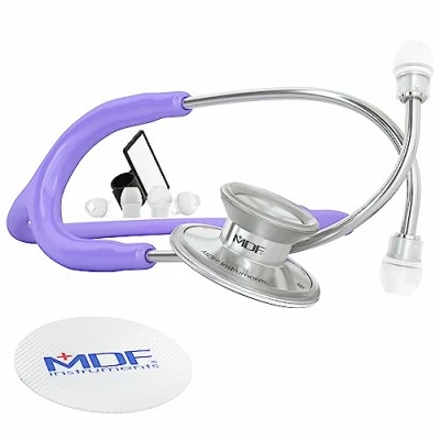 Image of MDF Acoustica Lightweight Stethoscope for Doctors, Nurses, Students, Home Health Use, Adult, Dual Head, Pastel Purple Tube, Silver Chestpiece Headset, MDF747XP07