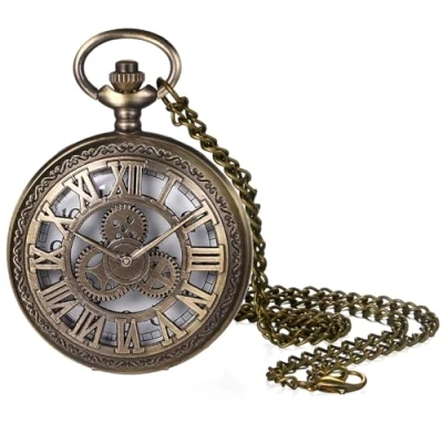 Image of JewelryWe Vintage Bronze Pocket Watch: Hollow Round Analog Quartz Watch Classic Pendant Necklace with Chain for Christmas