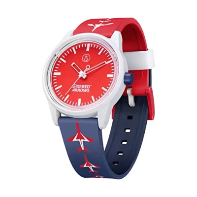 Image of Citizen Q&amp;Q Red Arrows solar powered 40mm watch, charges with sunlight or any other fluorescent light source, water resistant to 100m, 2 year warranty, for boys and girls R04A 503VY