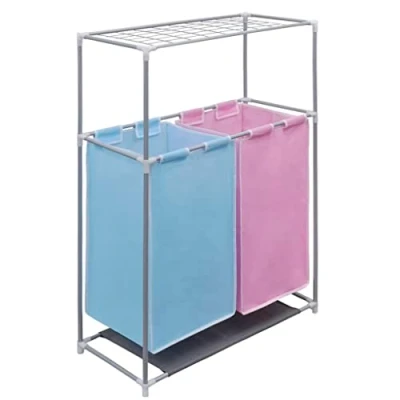 Image of vidaXL 2 Section Laundry Sorter Hamper Efficient Organizer with Drying and Storage Options, Colour Coded Compartments Robust Iron Frame Dynamic Pink Blue Hue Composition