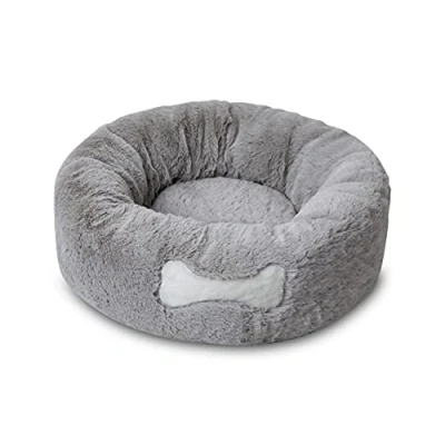 Image of Mikki Dog, Cat, Puppy, Kitten Ultra Soft Grey Faux Fur Calming Donut Bed Round Cushion Cuddler Small