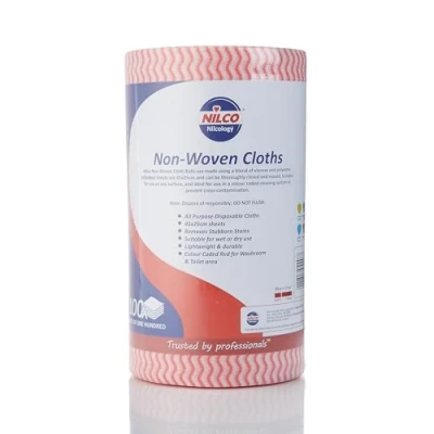 Image of Nilco Non Woven Red Cleaning Cloths Roll 100 Sheets Disposable Reusable Hygiene for Home and Commercial Use