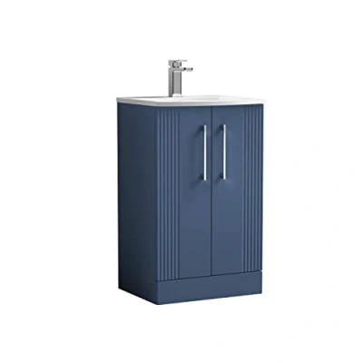 Image of nuie DPF323G Deco Modern Bathroom Floor Standing 2 Door Part Fluted Vanity Unit with Curved Ceramic Basin, Satin Blue