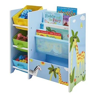 Image of Liberty House Toys TF5007 Safari Book Display with Storage Fabric Bins, Blue, Yellow, Green for 3 years to 7
