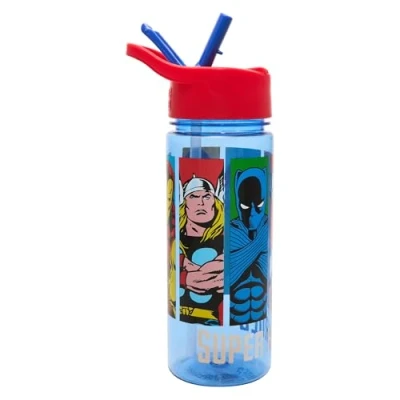 Image of Marvel Avengers Kids Water Bottles with Built in Dust Cover 500ml BPA Free Avenger Drinks Bottle Fully Recyclable Carry Handle School Removable Straw