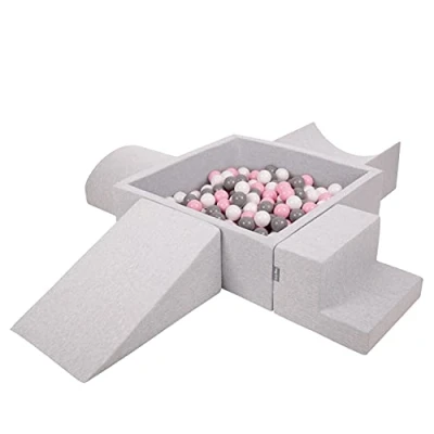 Image of KiddyMoon Foam Playground For Kids With Square Ballpit (200 Balls ∅ 7Cm/2.75In) Soft Obstacles Course And Ball Pool Made In EU, Lightgrey:White/Grey/Powderpink