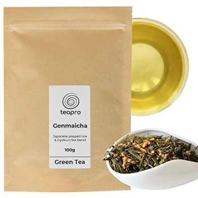 Image of Teapro Japanese Genmaicha Green Tea 100g Gyokuro with Popped Rice Loose Leaf Blend Genmai Cha Brown