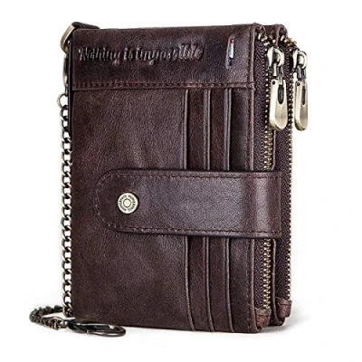 Image of REETEE Mens Wallet RFID Blocking Genuine Leather Wallets Slim for Men with Chain,Men&#039;s Bifold 19 Credit Card Holder and Zipper Coin Pocket (Coffee)