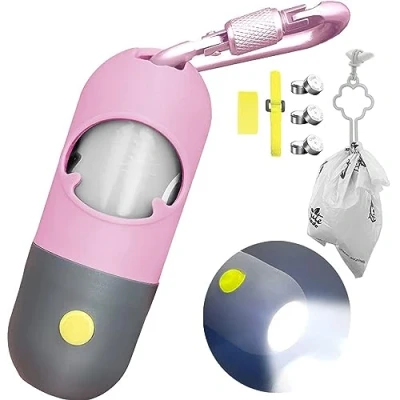 Image of Dog Poo Bag Holder with Built in LED Torch and Metal Clip for Lead, Each Dispenser Includes 15 Bags (Pink)