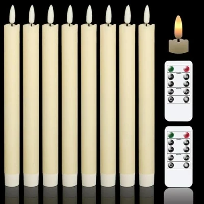 Image of Eldnacele Flameless Flickering Taper Candles with 2 Remote Controls and Timer, Real Wax 3D Wick Light Window Battery Operated Pack of 8, Christmas Home Wedding Decor (Ivory, 0.78 X 9.64 Inch)
