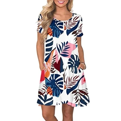 Image of AUSELILY Women&#039;s Summer Dresses Casual T Shirt Short Sleeve Dress Loose Swing with Pockets, Blue Plantain S