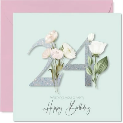 Image of 24th Birthday Cards for Women Fancy Floral Flowers Happy Card 24 Year Old Woman Sister Colleague Granddaughter Niece, 145mm Bday Greeting