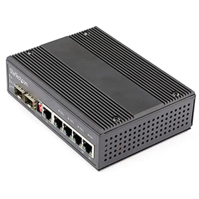 Image of StarTech.com Industrial 5 Port Gigabit Ethernet Switch 4 PoE RJ45 +2 SFP Slots 30W PoE+ 12 48VDC 10/100/1000 Rugged Power Over LAN 40C to 75C DIN Mountable (IES1G52UP12V)