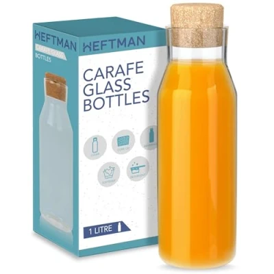 Image of HEFTMAN Carafe Glass Bottle 1 Litre with Cork Lid, Clear Water for Hot &amp; Cold Beverages, Reusable Fabric Softener Jars, Laundry Detergent Storage Stopper (1 Pack)