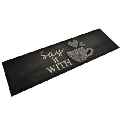 Image of vidaXL Washable Kitchen Rug/Mat Runner Anti Fatigue, Non Slip Base, Black Cup Print, Velvet, 150x45 cm
