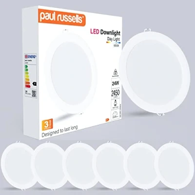 Image of paul russells LED Ceiling Downlights, 24W Slim Recessed Bathroom Kitchen Ceilings, 2450 Lumens, 6500K Bright Daylight, Cutout 195 205mm, Round Non Dimmable Panel Spotlights, 6 Packs