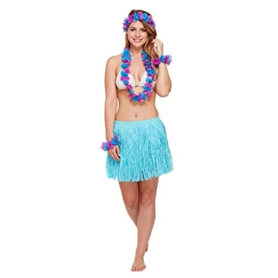Image of  Henbrandt Adult Blue Hawaiian Accessories Set Hula Lei Flower Garland and Grass Skirt 5pc Party Ladies Fancy Dress Costume