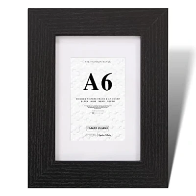 Image of Fabian Clarke London® A6 Modern Black Wooden Picture Photo Frame with White A7 Mount Includes Glass Front Hang Portrait or Landscape