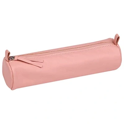 Image of Clairefontaine Ref 410150C Coloured Leather Round Pencil Case 22cm x 5.5cm, Made From Genuine Lambskin Leather, Metal Zip With Puller Coral Pink