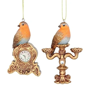 Image of Gisela Graham Antique Robins on Clocks and Candelbra Christmas Tree Decorations