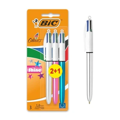 Image of BIC 4 Colours Shine Pens, Multicoloured Pen, Retractable Ballpoint Biro Medium 1.0mm, Green, Blue, Black, Red, 3 Pens Per Pack, 1 Pack