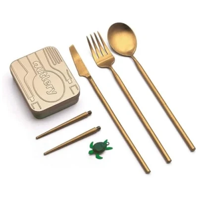 Image of Outlery Portable &amp; Reusable Stainless Steel Travel Cutlery Set and Chopsticks (Metallic Gold) Pocket Sized