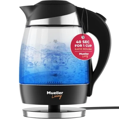 Image of Mueller Ultra Glass Kettle M99S: 1850 2200W 1.8 Liter (60 fl oz) Electric Auto Shut Off Boils Water Fast, Cordless with LED Light